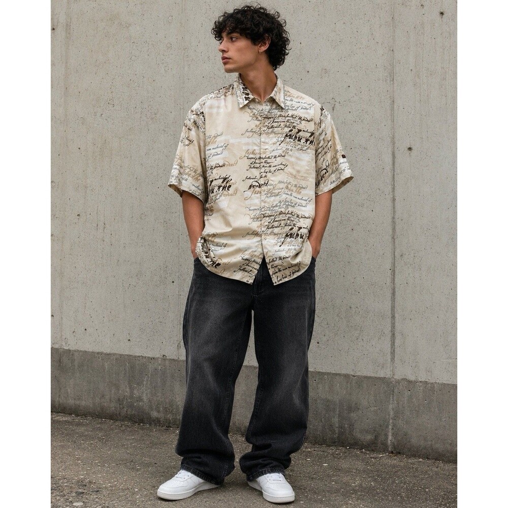 Vintage FUBU Shirt Mens Oversized Y2K Hip Hop All Over Print Beige Brown 2XL